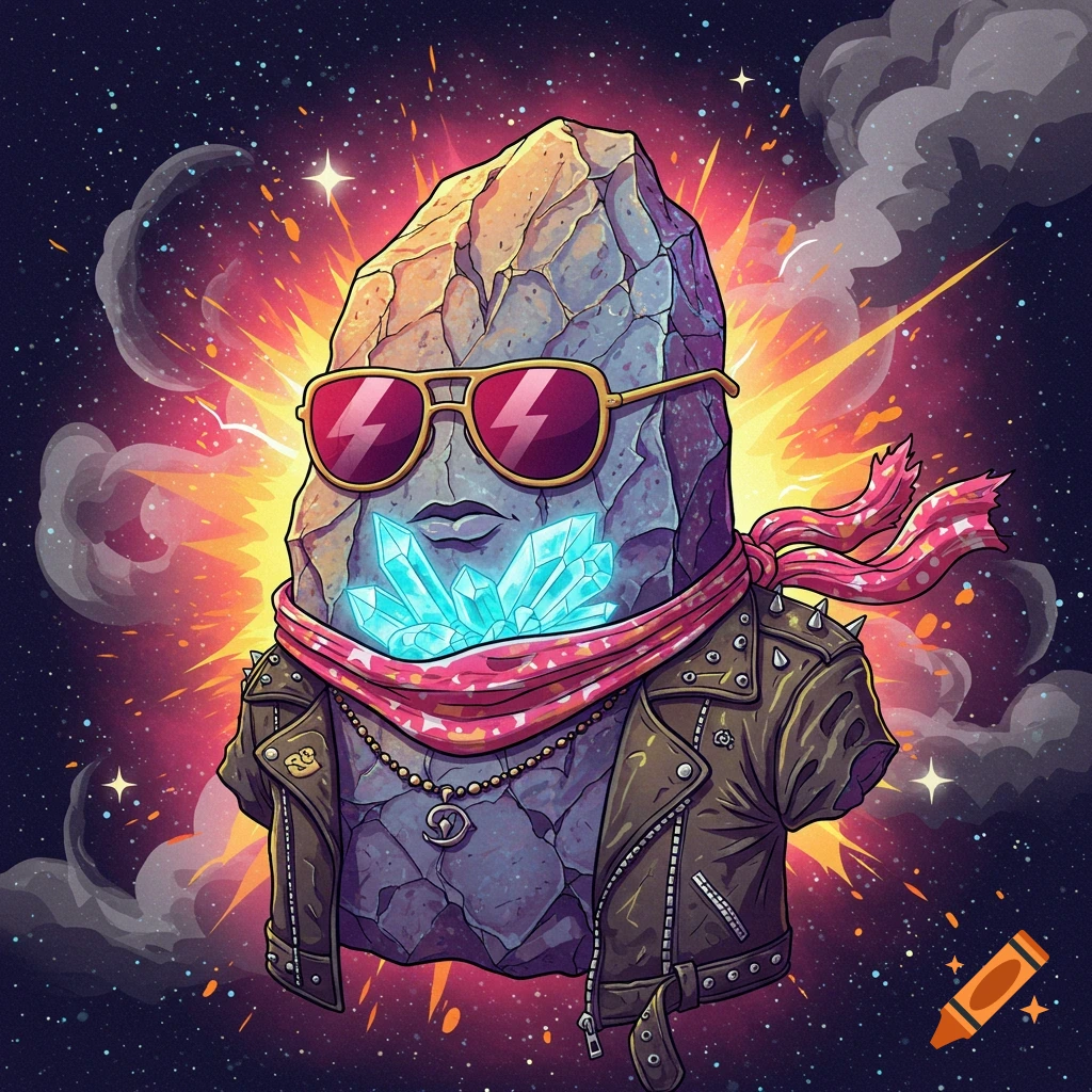 Illustration of a rock character wearing sunglasses, a leather jacket, and a scarf, set against a space background.