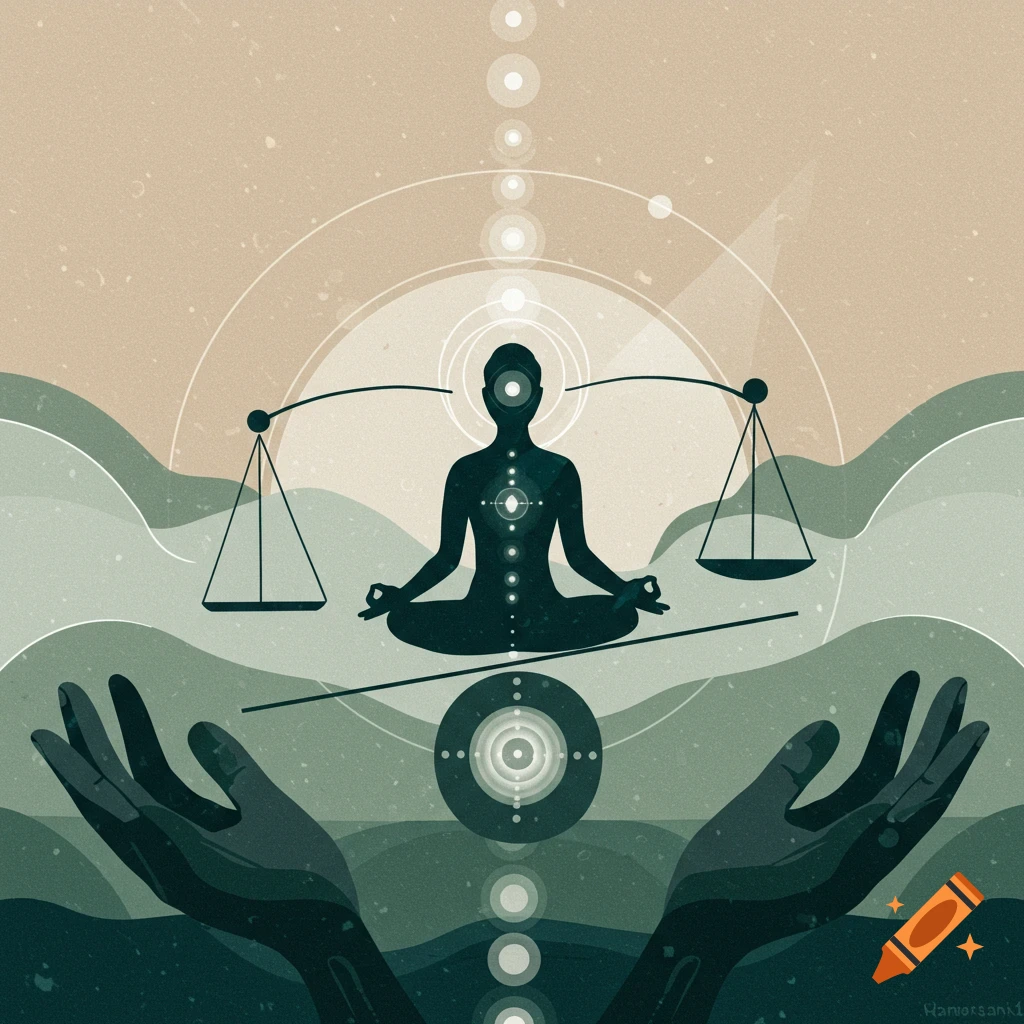 Digital illustration of a meditating figure with scales, hands, and spiritual symbols.