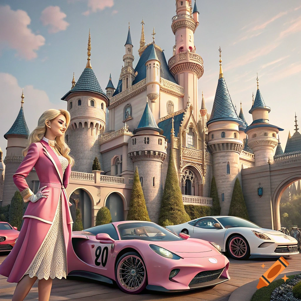 A stylized woman in a pink coat stands next to a pink sports car in front of a large fairytale castle.
