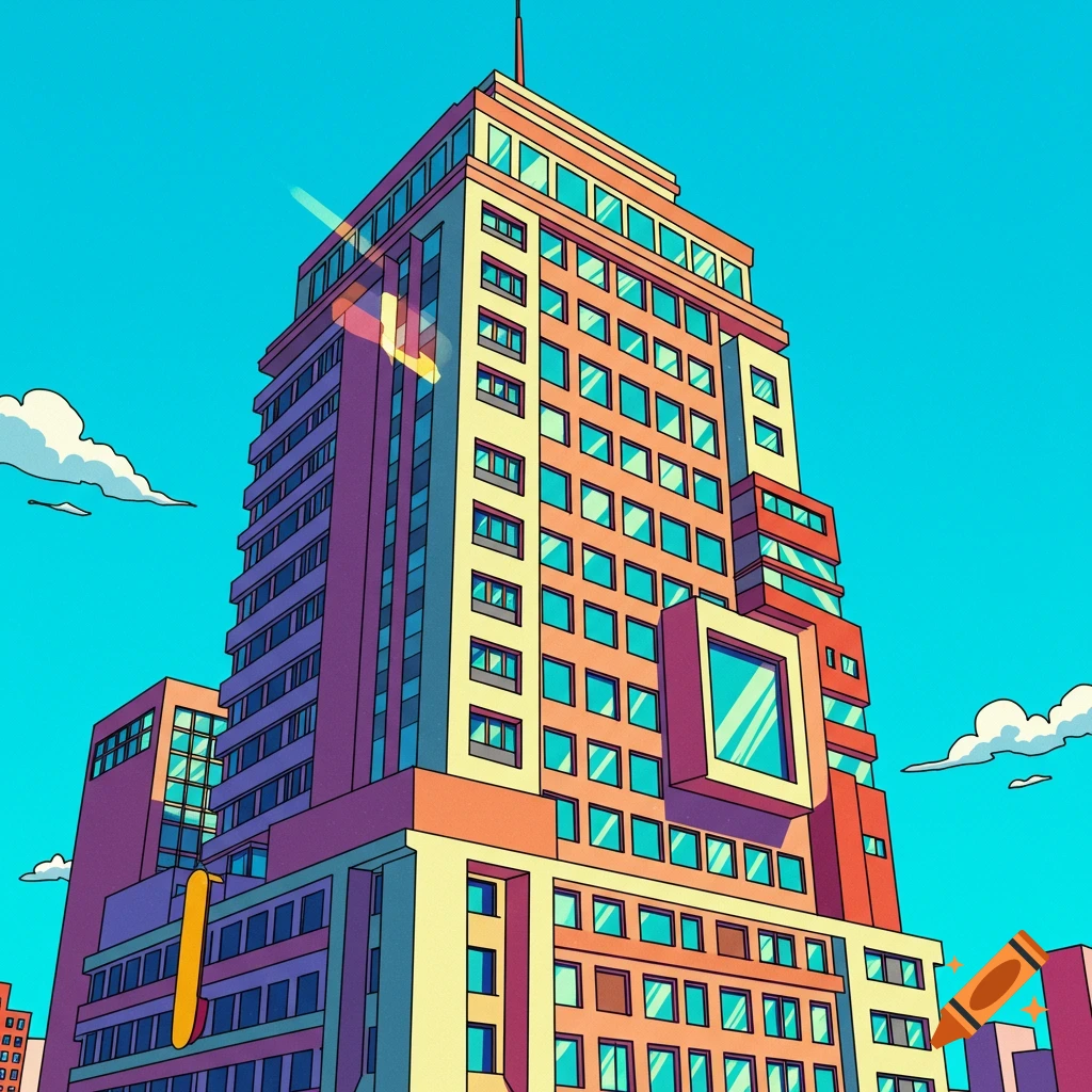A cartoon skyscraper under a bright blue sky.