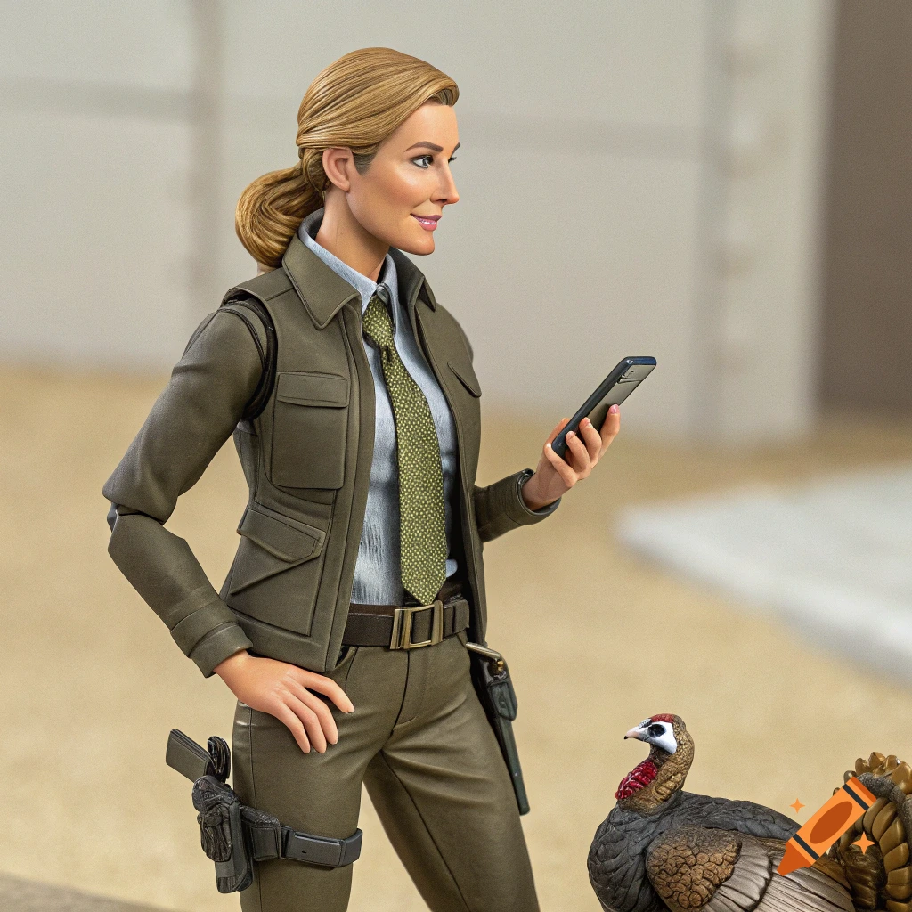 Action figure of a woman in uniform looking at her phone next to a turkey figure.