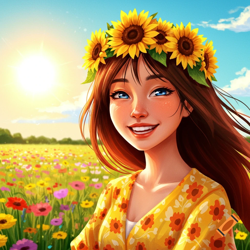 A smiling young woman with a sunflower crown stands in a field of flowers under a sunny sky.