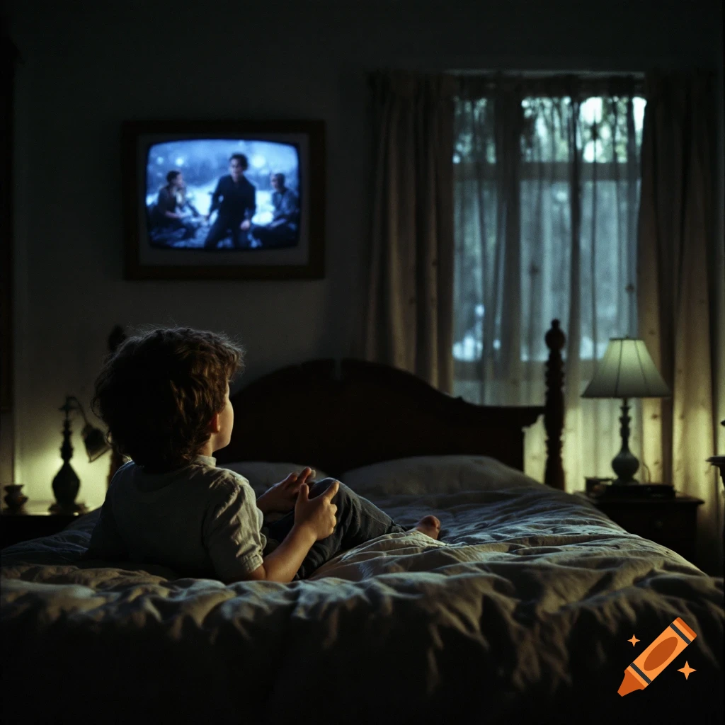 A young boy lies on a bed in a dark room, watching a TV screen showing a movie scene.