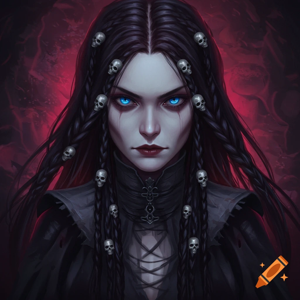 A dark fantasy woman with bright blue eyes and skulls in her long black hair