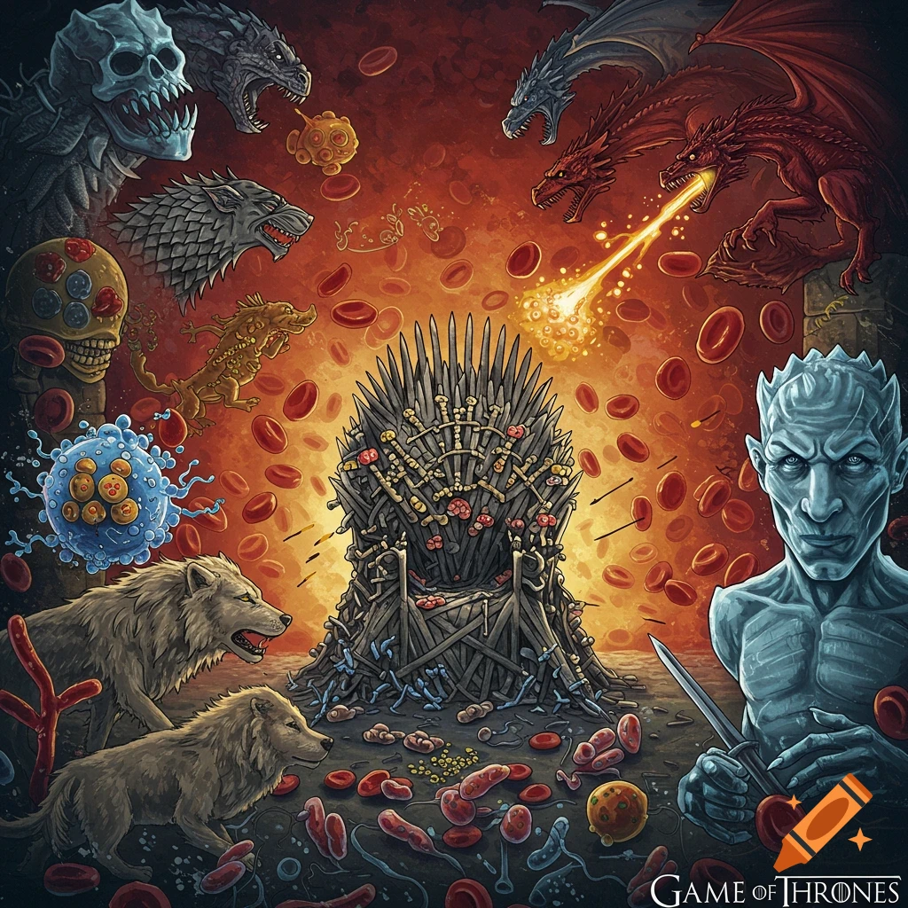 The Iron Throne surrounded by fantasy creatures, skulls, and biological cells