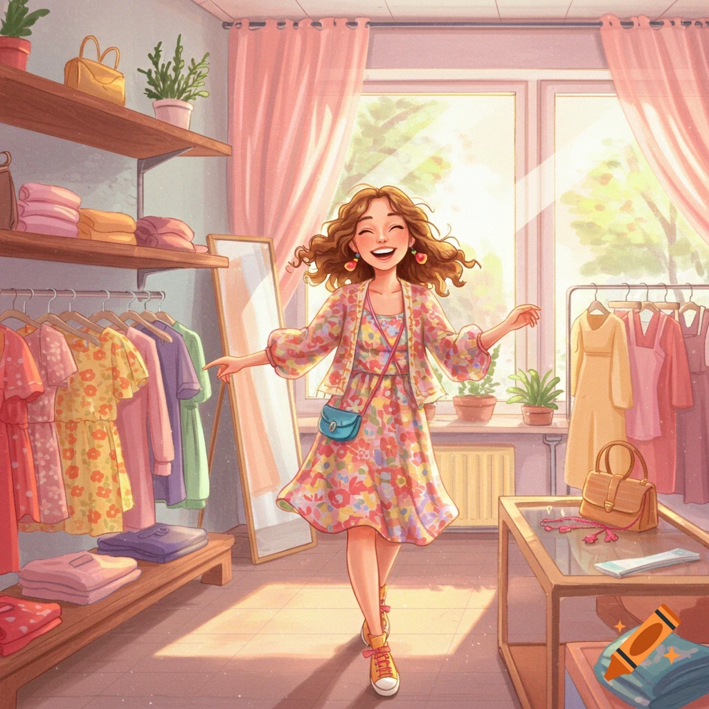 Illustration of a happy woman in a colorful dress in a bright clothing store
