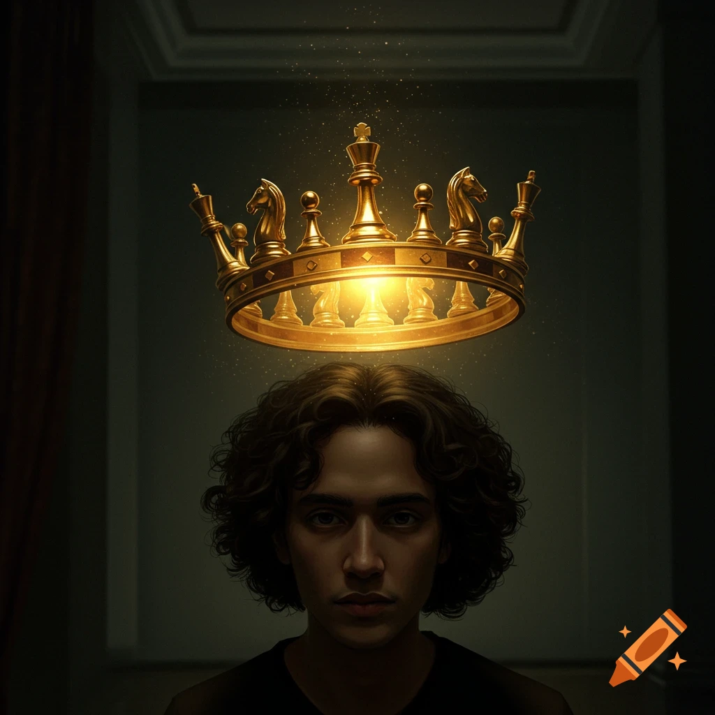 A person with a floating golden crown made of chess pieces above their head.