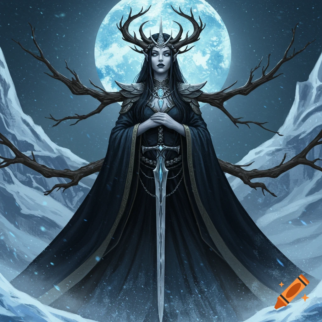 A fantasy queen with antlers and a sword stands in a snowy landscape under a full moon.