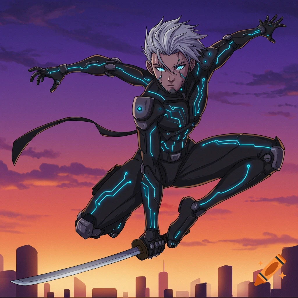 Anime style character in futuristic suit leaping with a sword over a city skyline