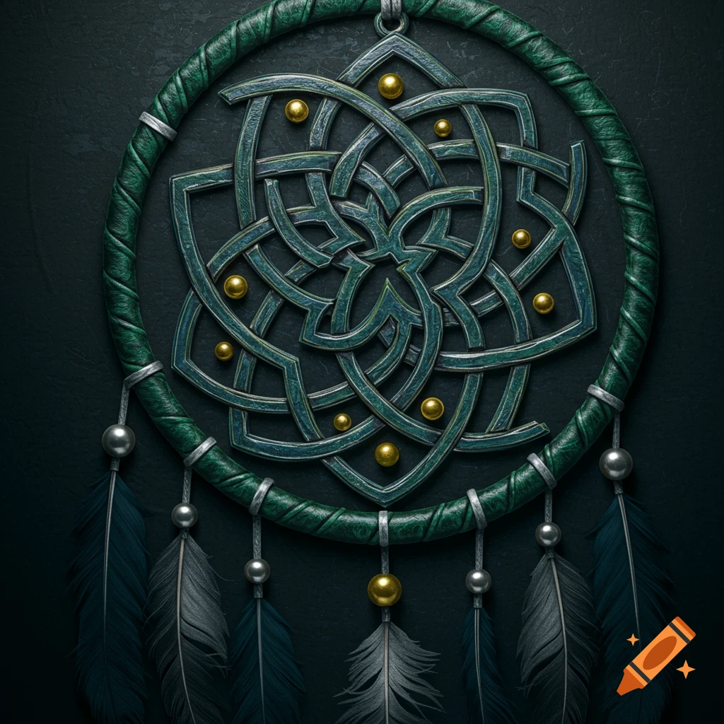 A detailed close-up of a dream catcher with a metallic celtic knot center, green wrapped ring, silver beads, and dark feathers on a textured background.