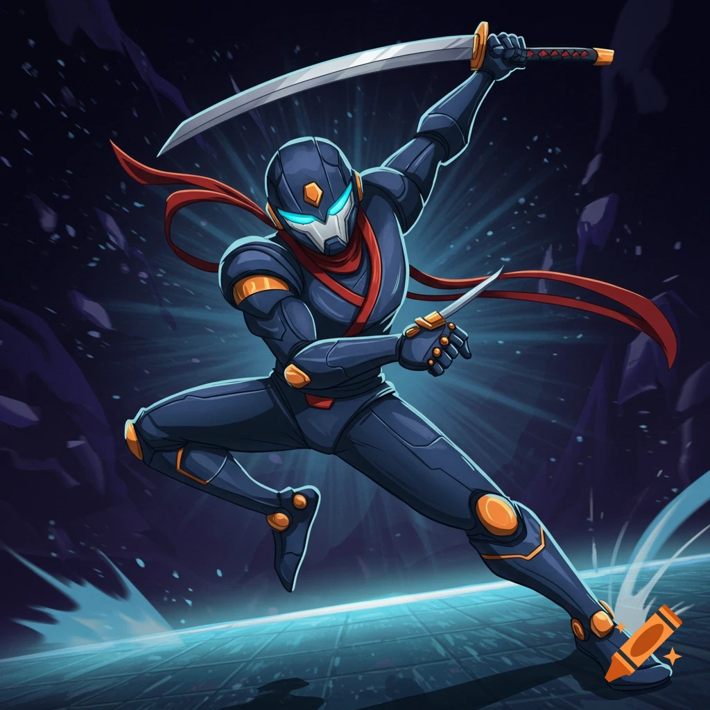 A stylized futuristic robot ninja in a dynamic pose, holding a sword and dagger, against a dark, glowing background.