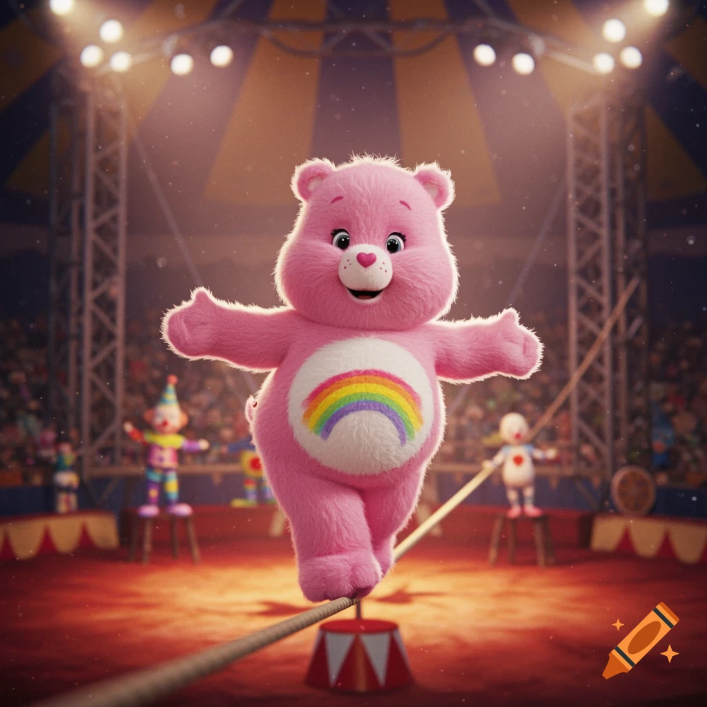 A pink Care Bear with a rainbow tummy balances on a tightrope in a brightly lit circus tent.