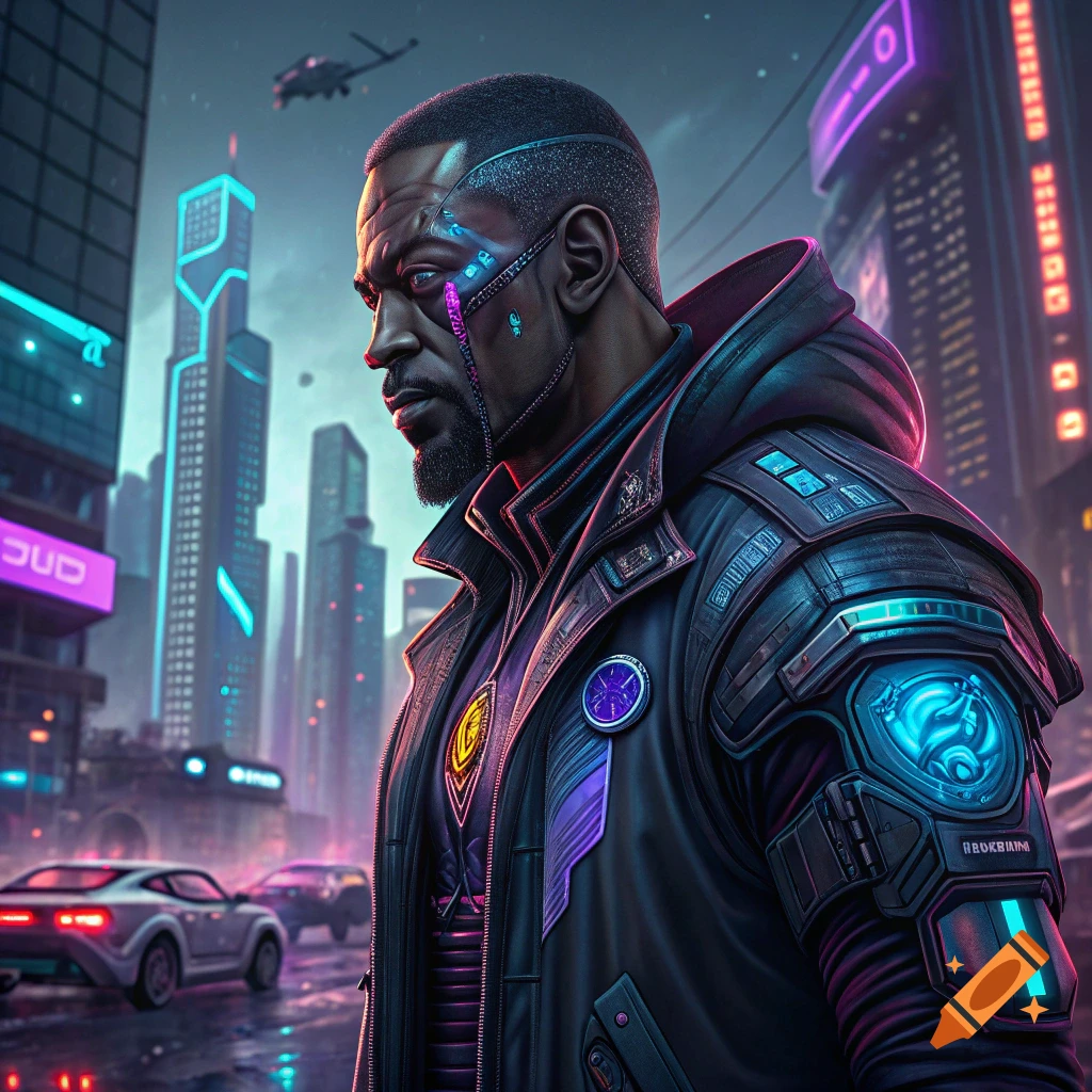 Man in futuristic cyberpunk city wearing augmented reality face tech and armored jacket.