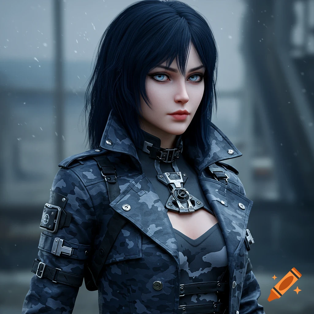 A portrait of a young woman with dark blue hair and pale eyes wearing a dark camo trench coat.