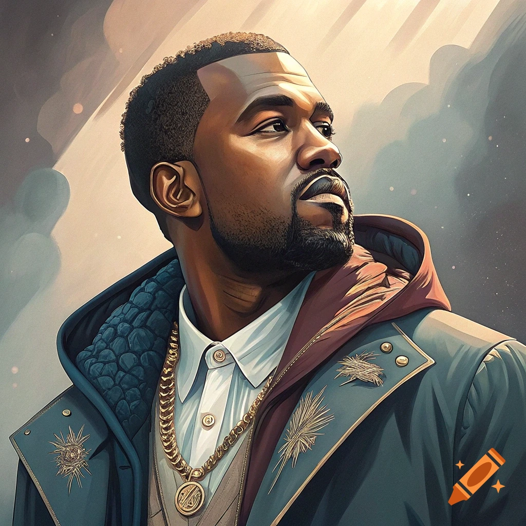Stylized portrait of a man resembling Kanye West wearing a jacket and gold chain, looking upwards.