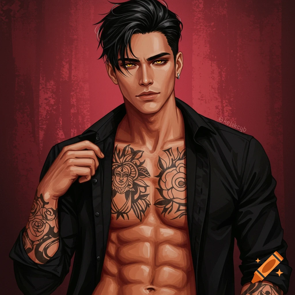 A man with black hair, gold eyes, chest and arm tattoos, wearing an open black shirt.