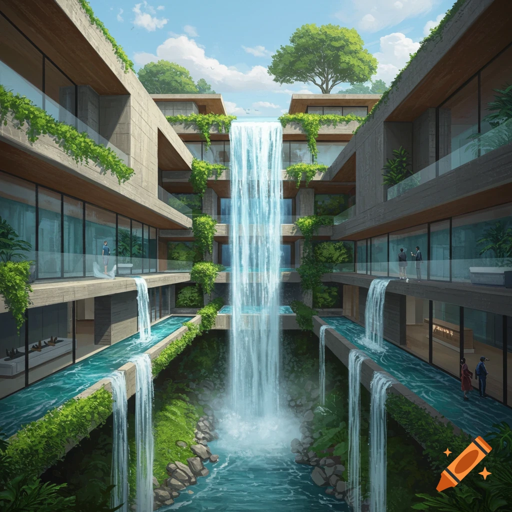 A large, multi-level building with waterfalls cascading through its structure and flowing into pools below, surrounded by lush greenery.