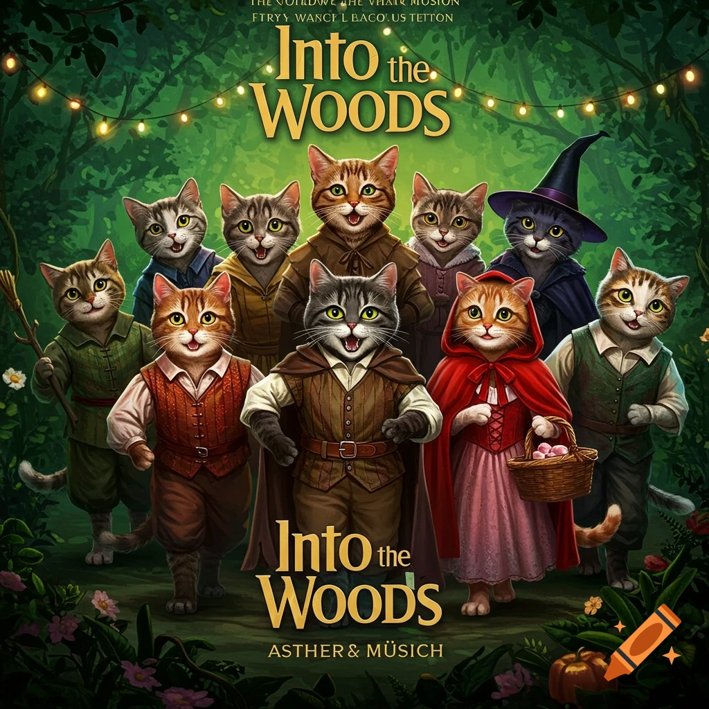 Cats in costumes portraying characters from Into the Woods, in a forest scene with text.