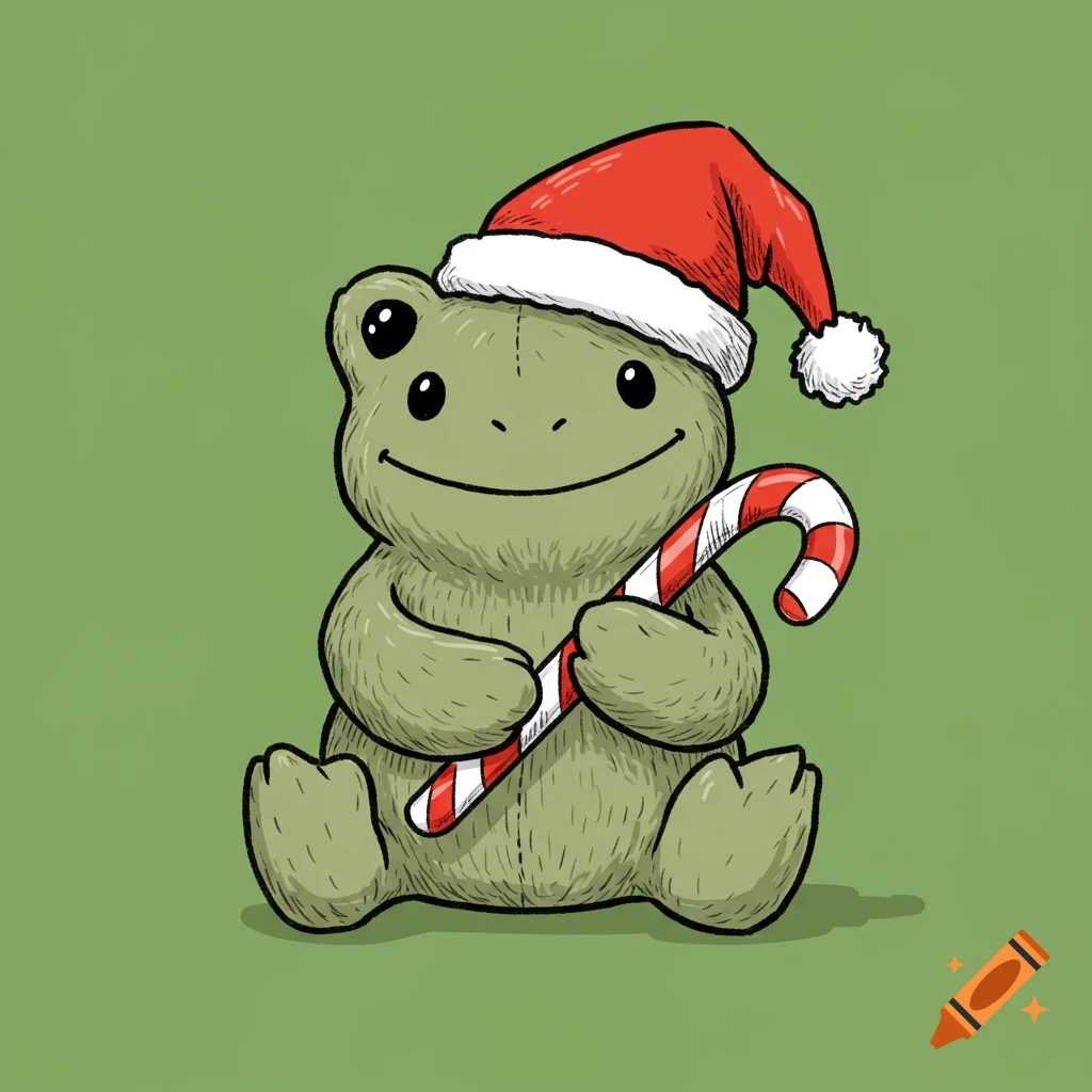 A doodle of a stuffed frog wearing a Santa hat and holding a candy cane