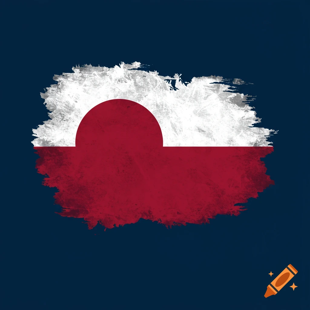 A distressed flag design similar to Greenland's, featuring a red semi-circle on a white upper band above a red lower band, all on a dark blue background.