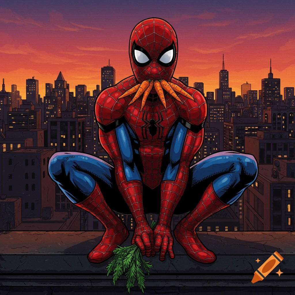 Spider-Man crouches on a rooftop with a city behind him, holding carrots