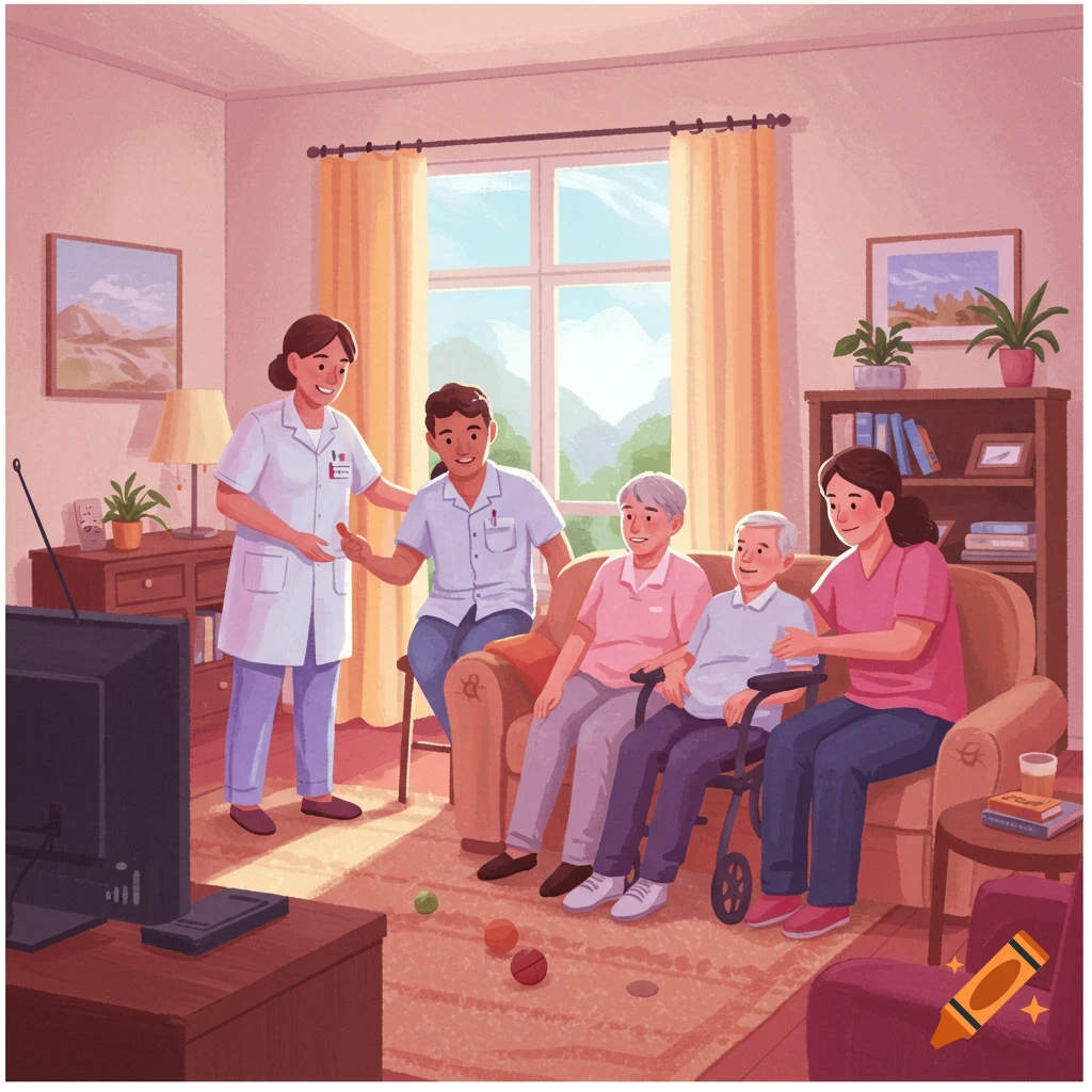 Healthcare workers with elderly people and family in a living room.
