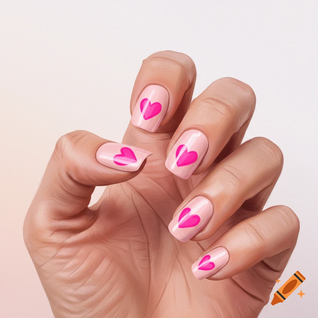 Close-up of a hand with light pink nails decorated with hot pink hearts.