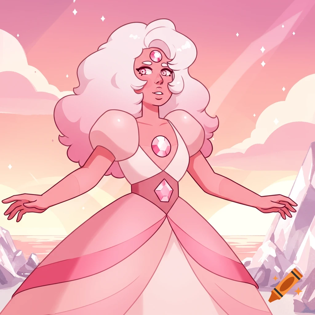 Stylized illustration of a pink-haired character in a pink dress with multiple eyes and chest gem, in a crystal landscape