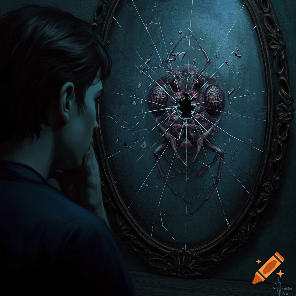 A person looks into a cracked mirror reflecting a bug-like monster.