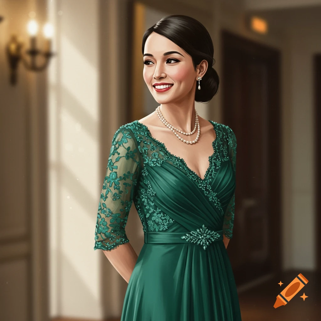 A woman is wearing a formal green dress with pearls.
