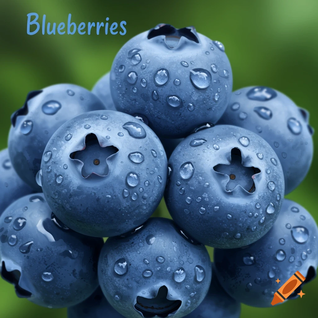 Close-up of blueberries with water droplets and the text Blueberries