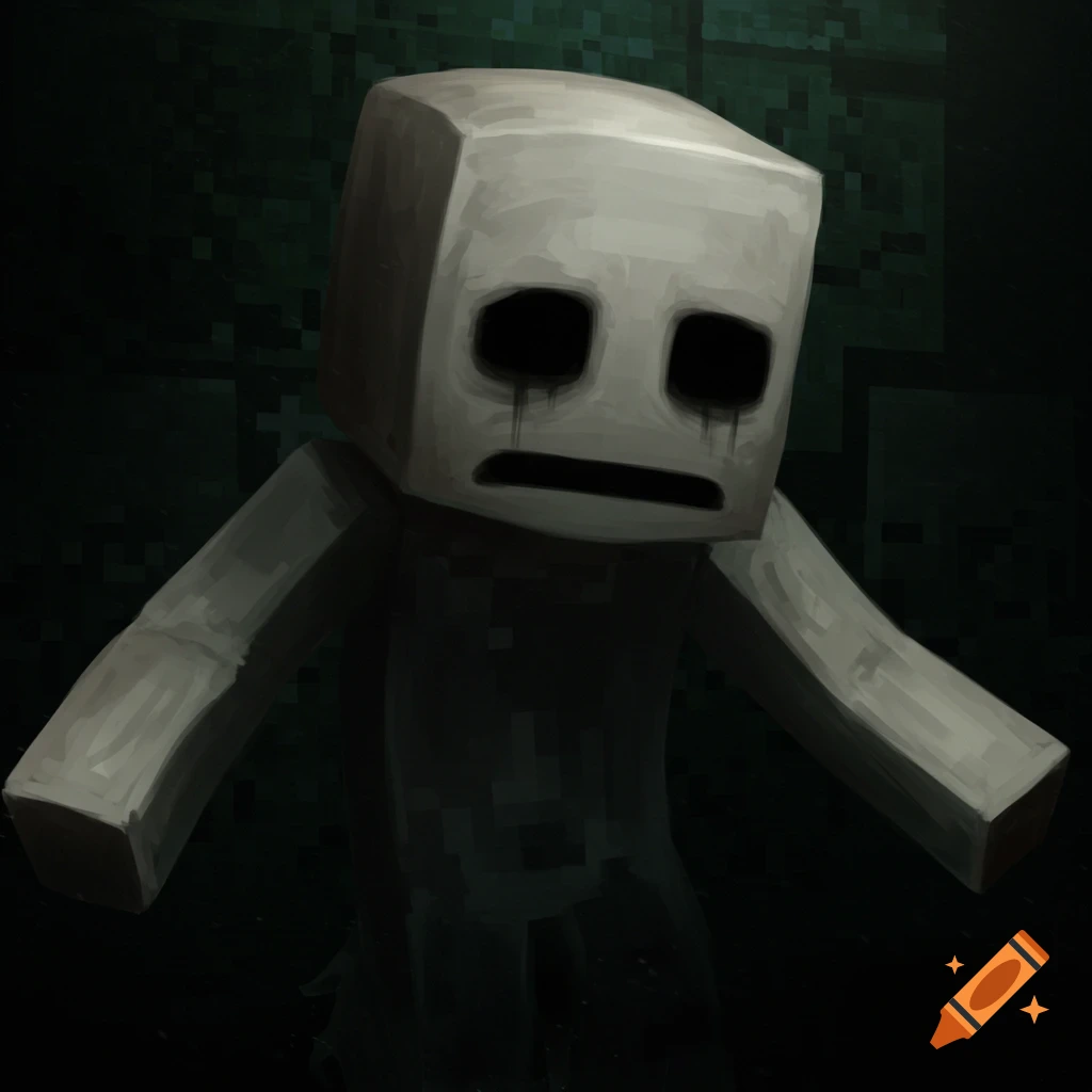 A blocky character similar to Herobrine with black eyes and tears, in a dark pixelated environment.