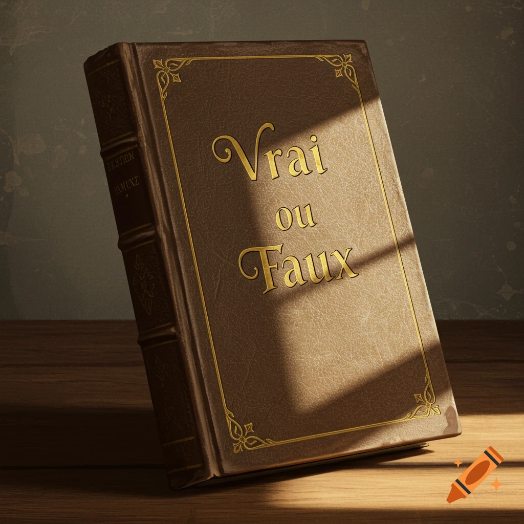 A brown leather book with gold text 'Vrai ou Faux' on the cover, standing on a wooden table.