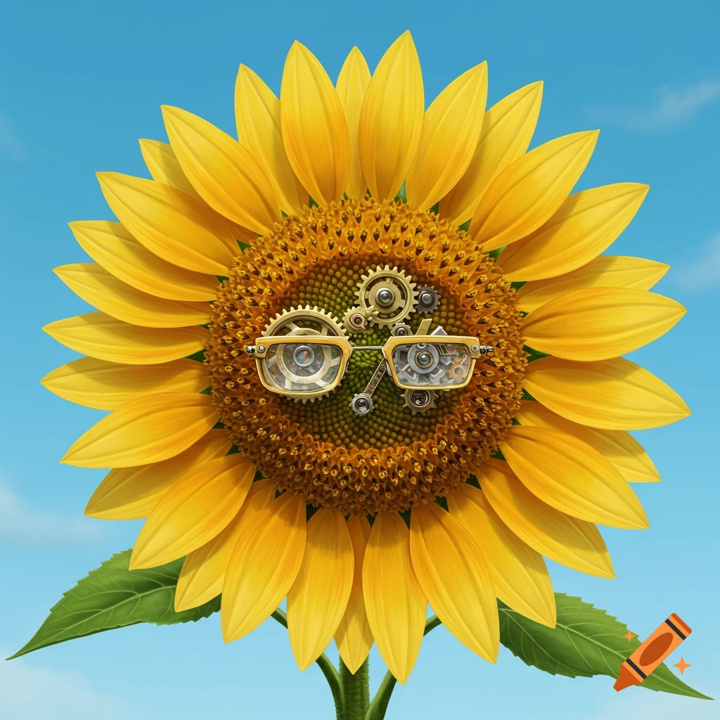 Image of a sunflower with mechanical gears and glasses forming a face
