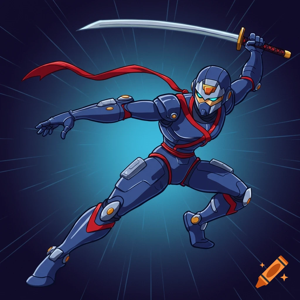 Futuristic ninja robot with a sword in a dynamic pose, cartoon style.