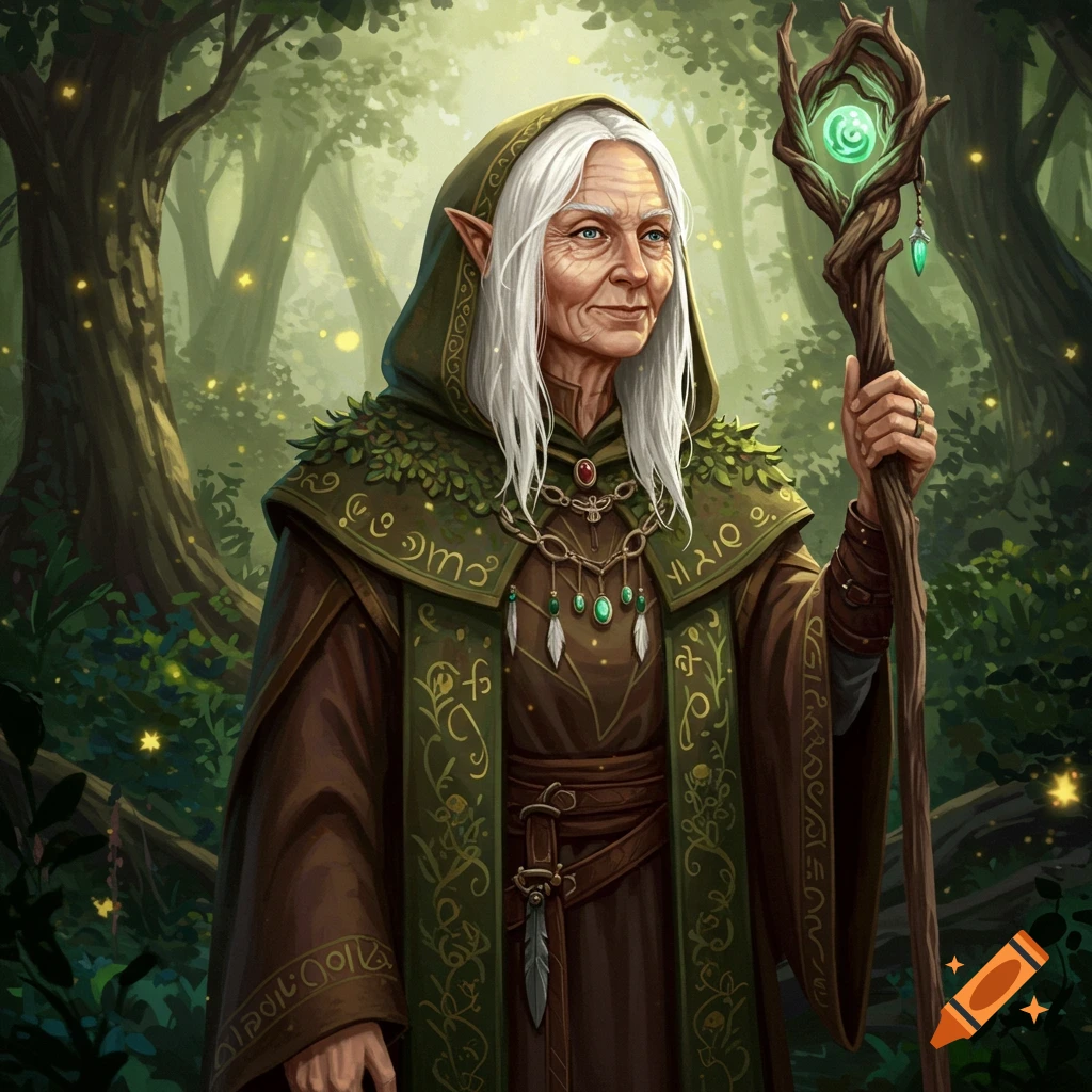 An elderly female elf druid holding a magical staff in a forest.