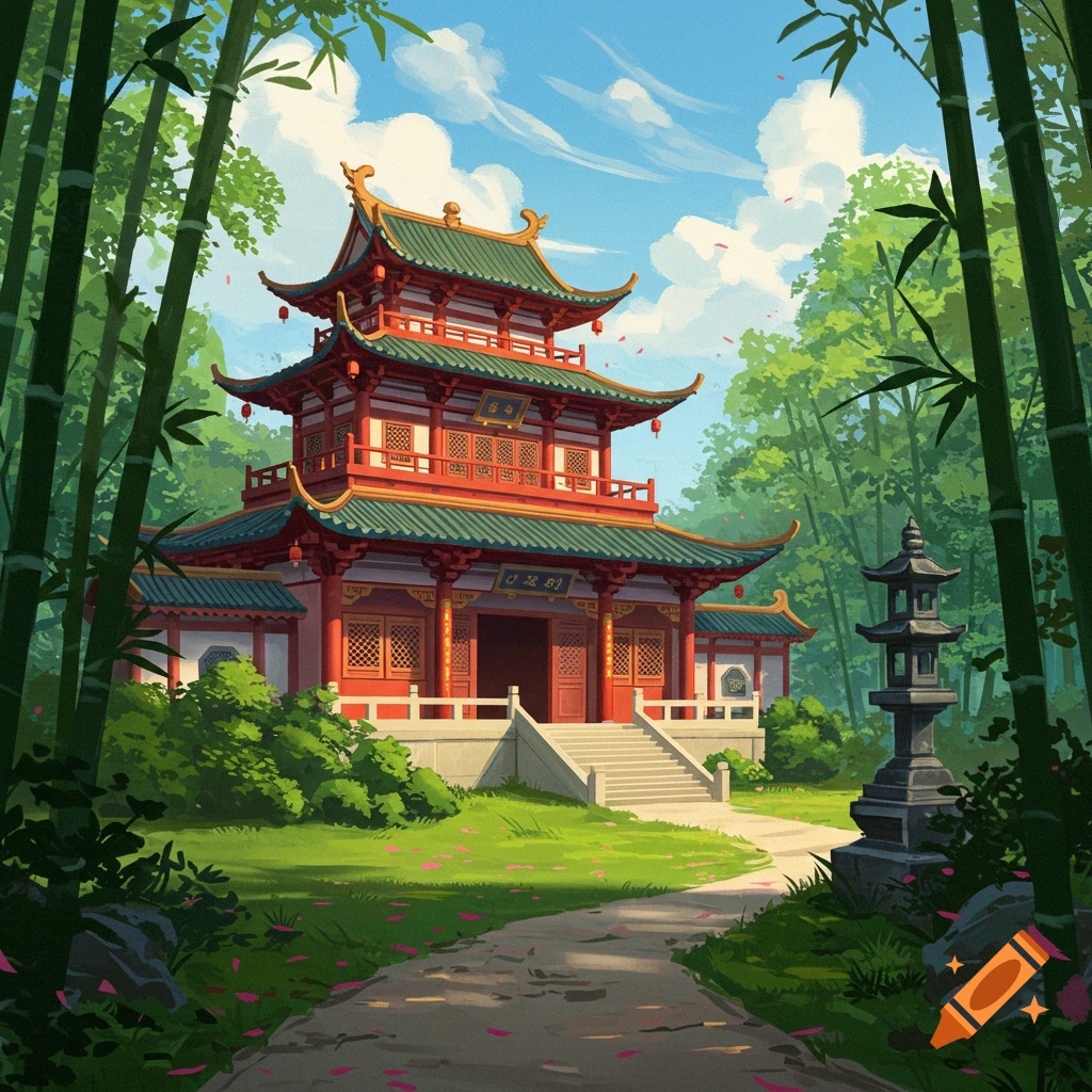 A Chinese temple nestled in a bamboo forest.