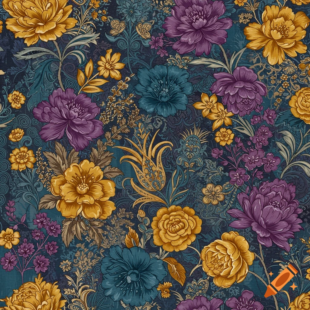 A dense floral pattern with purple, yellow, and teal flowers.