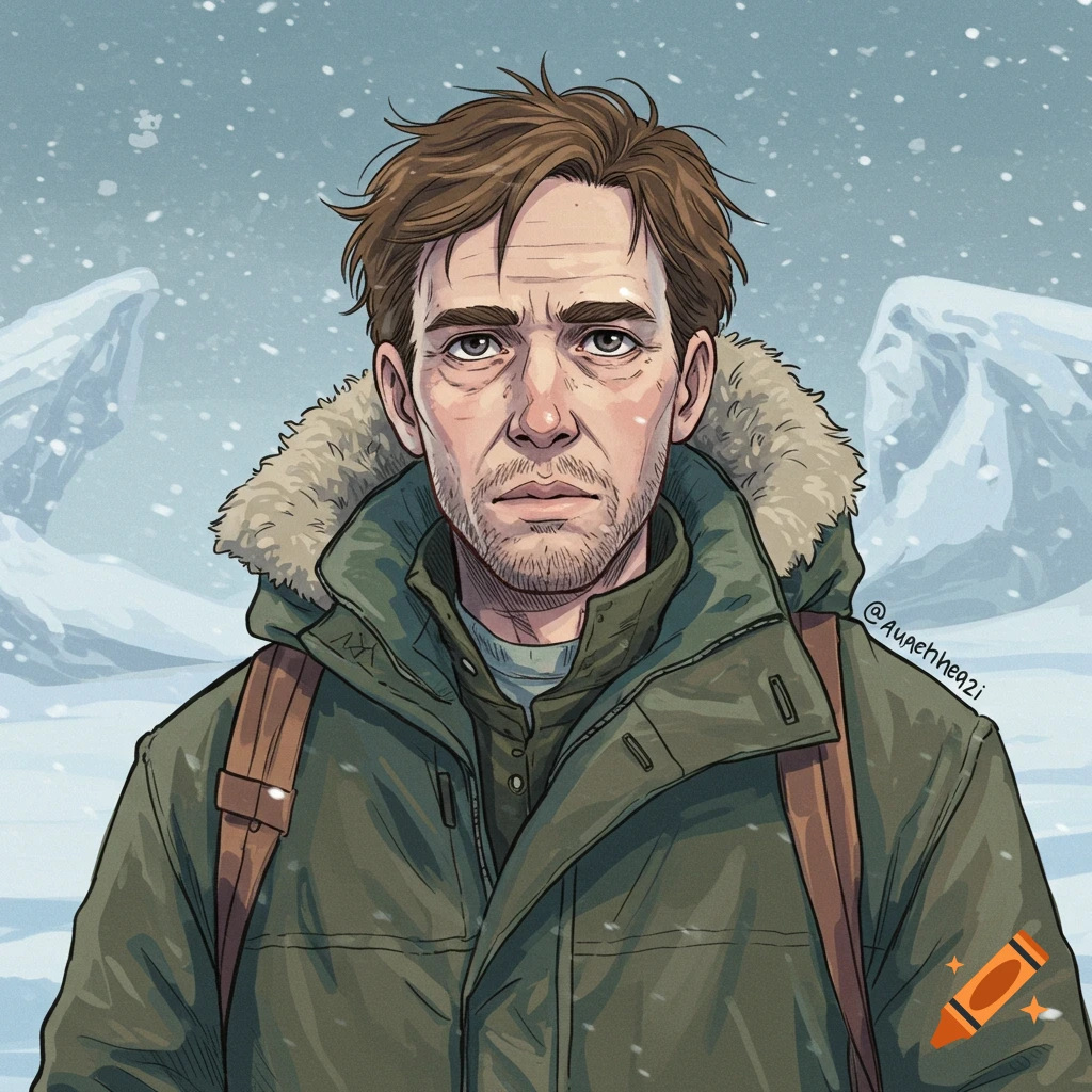 Illustrated portrait of a man in a winter coat in a snowy mountain landscape.