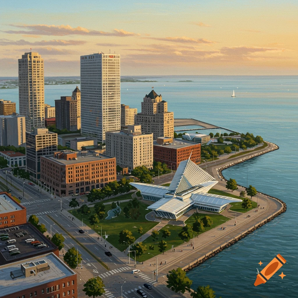 A modern cityscape on a waterfront featuring tall buildings and a distinctive museum, bathed in sunset light.