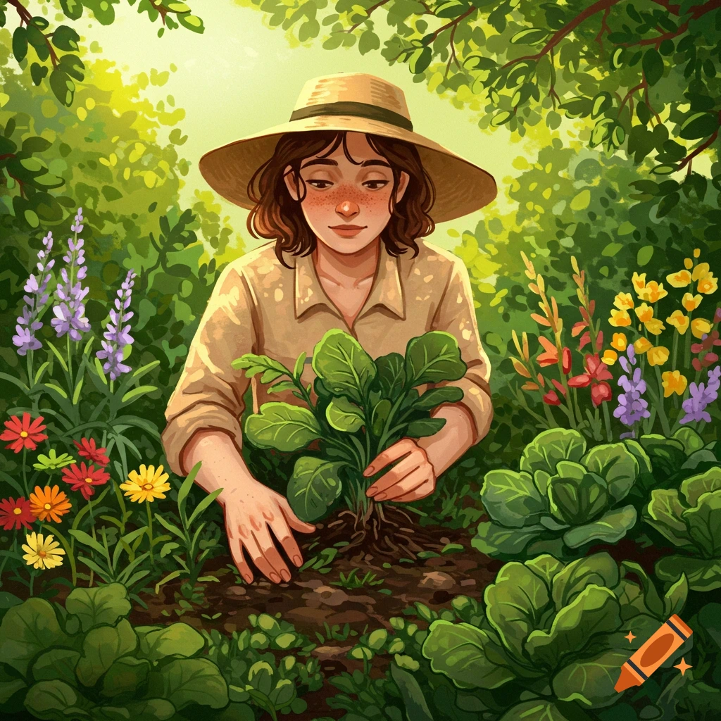 A person in a straw hat is gardening, holding a plant, surrounded by flowers and greens.