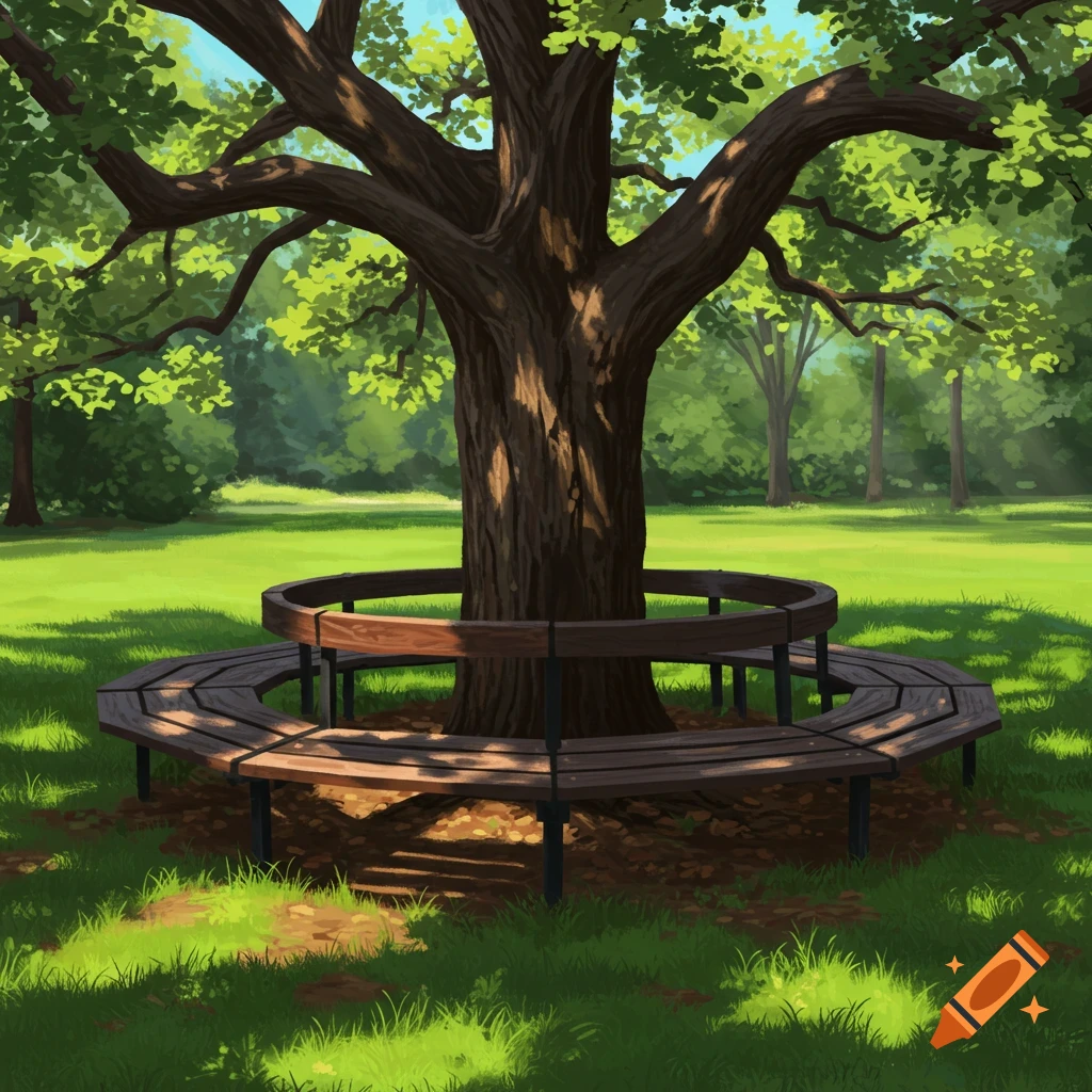 A large tree with a circular wooden bench around its base is in a grassy park