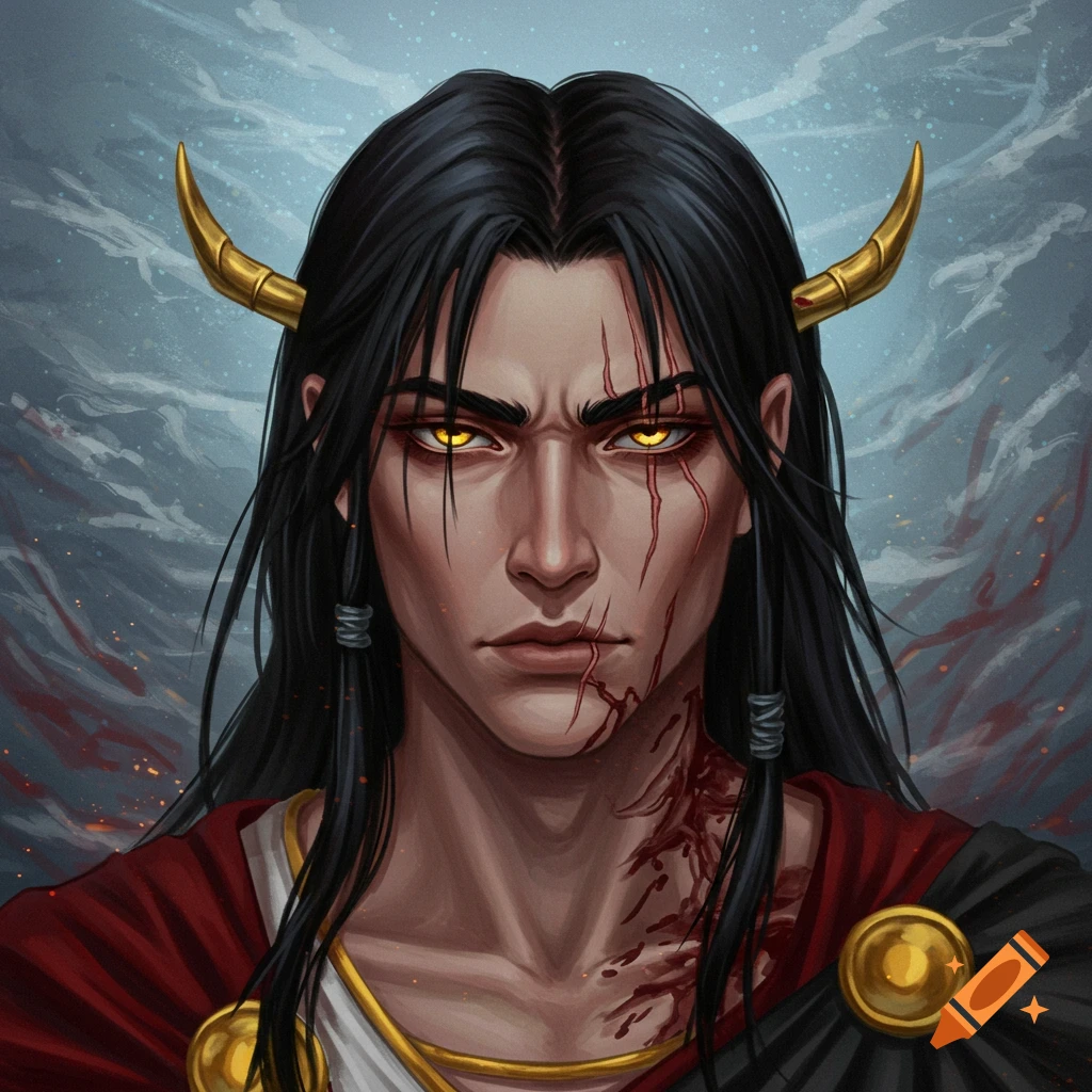 Portrait of a man with horns, glowing eyes, scars, and a cloak.