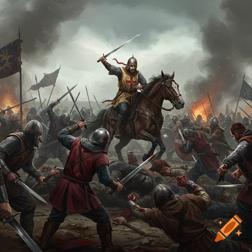 A medieval battle with a knight on horseback leading soldiers fighting with swords and knives.
