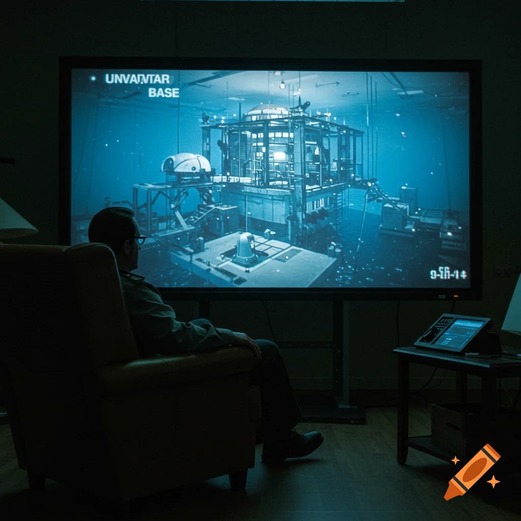A man watches a large screen displaying an underwater base scene in a dark room, in a cinematic style.