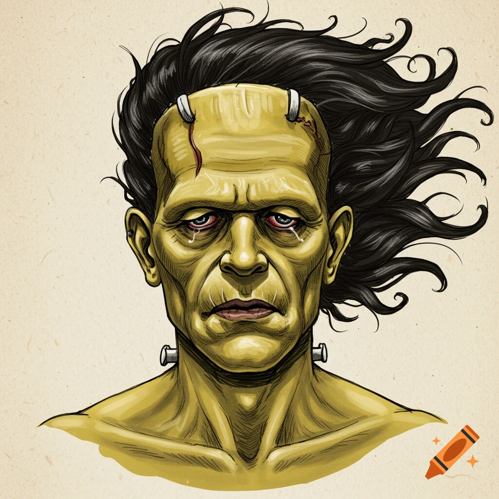 An illustration of Frankenstein's monster with green skin, scars, bolts, and tears flowing from red eyes.