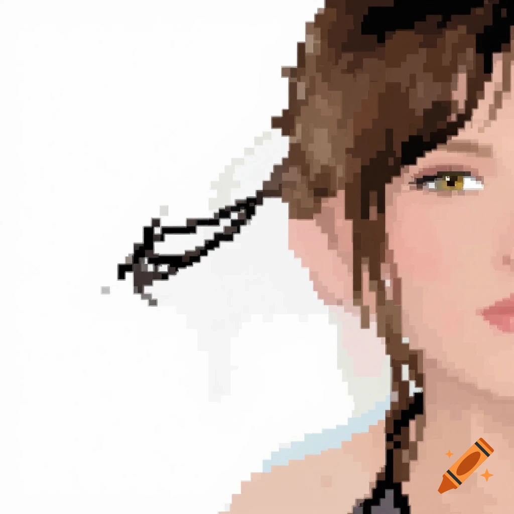 Pixel art close-up portrait of a woman with brown hair and braided pigtails.