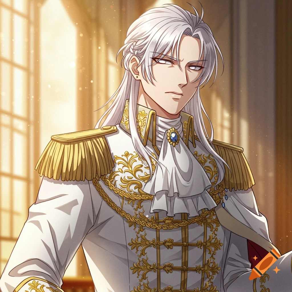 Anime portrait of an annoyed male prince with white hair and red eyes wearing a white and gold uniform