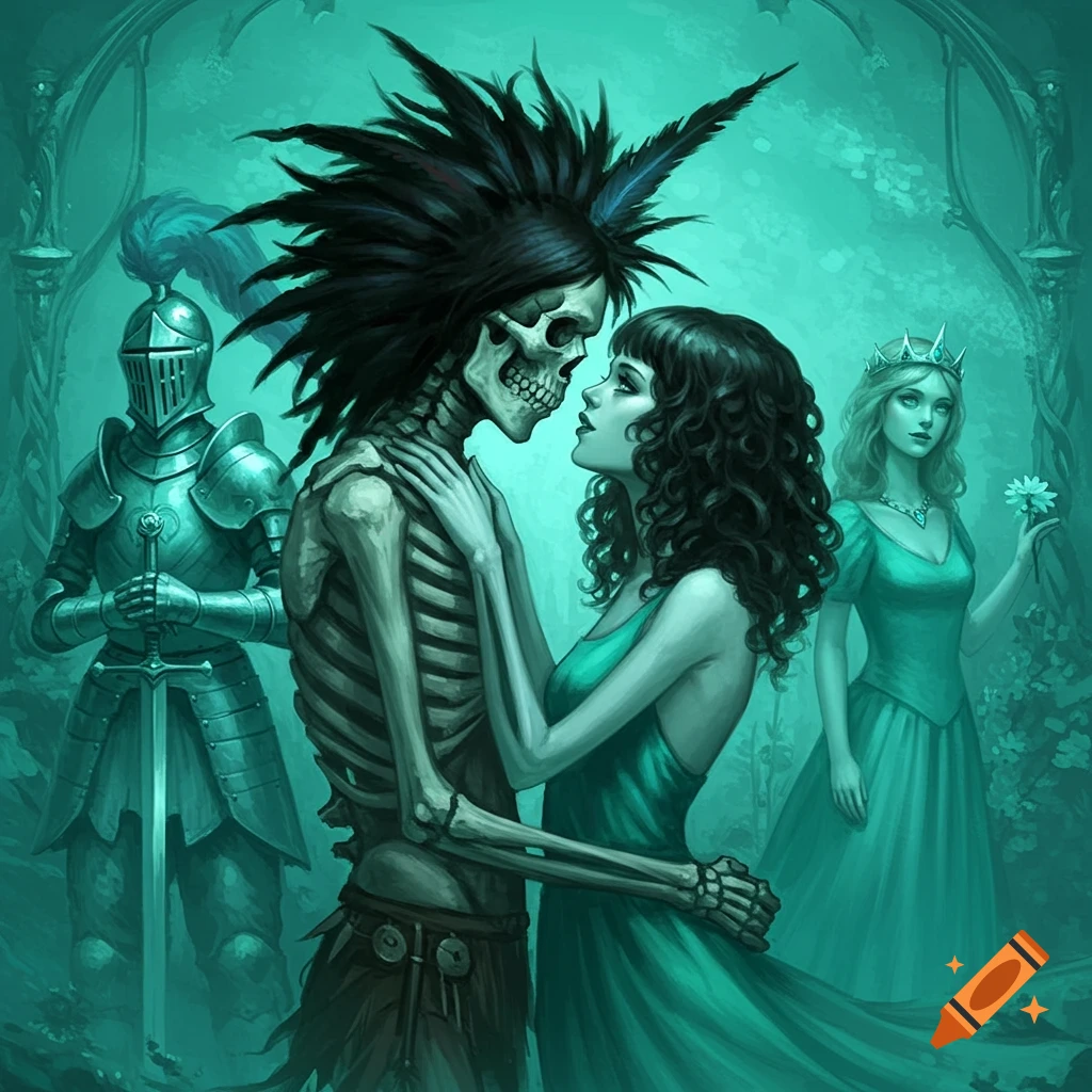 A skeleton and a woman are embracing, with a knight and princess in teal dresses behind them.