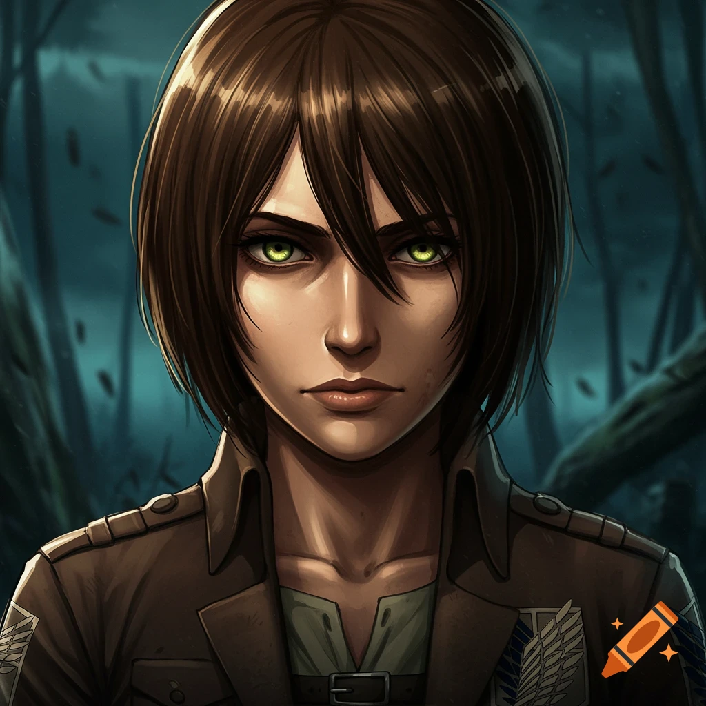 Anime portrait of a character with brown hair and green eyes in a jacket, set in a dark forest.